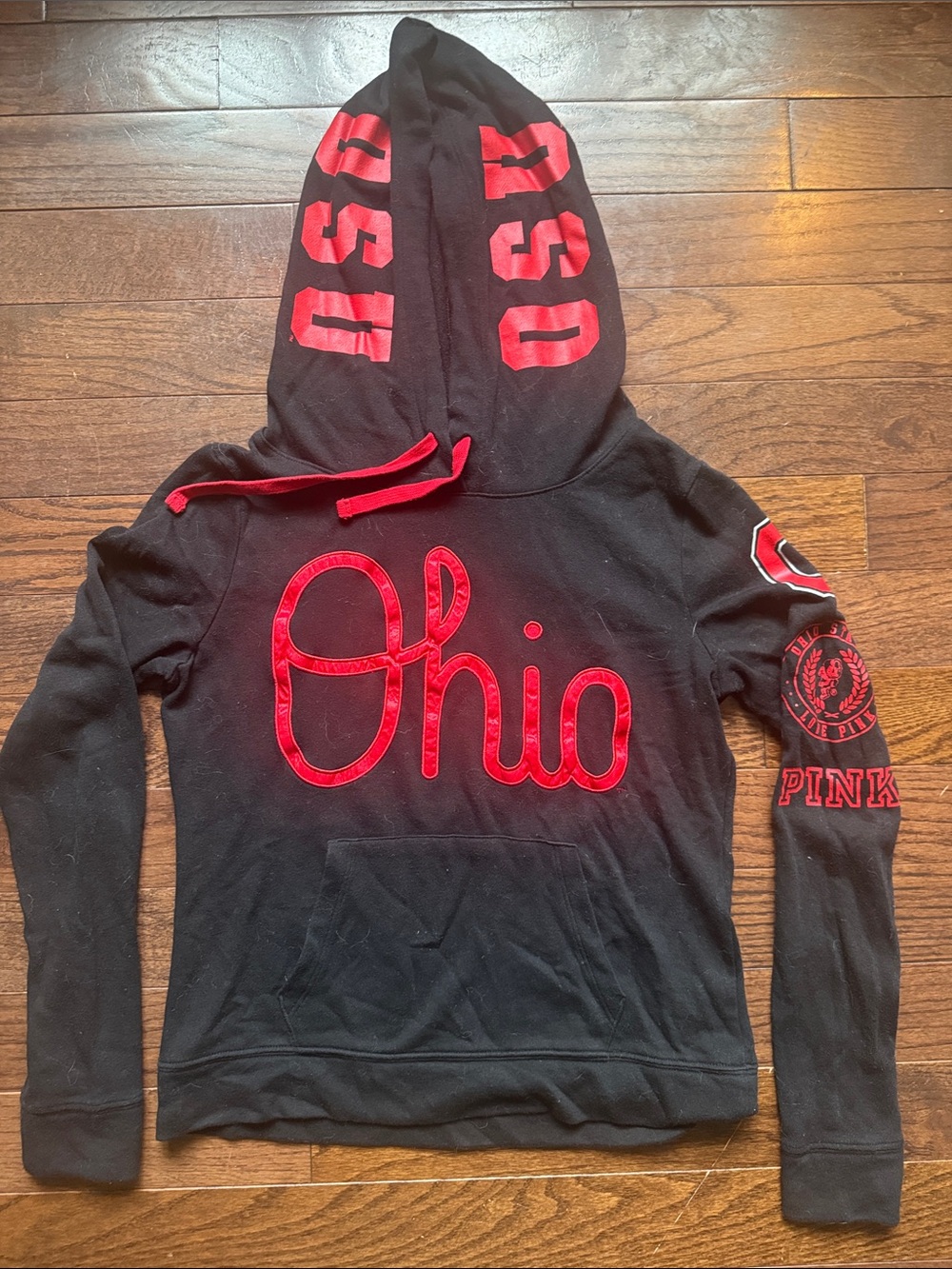 PINK Victoria's Secret Black Hoodie with Red Ohio Script and OSU